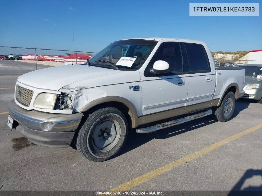 2001 Ford F-150 Harley-Davidson Edition/King Ranch Edition/Lariat/Xlt VIN: 1FTRW07L81KE43783 Lot: 40685730