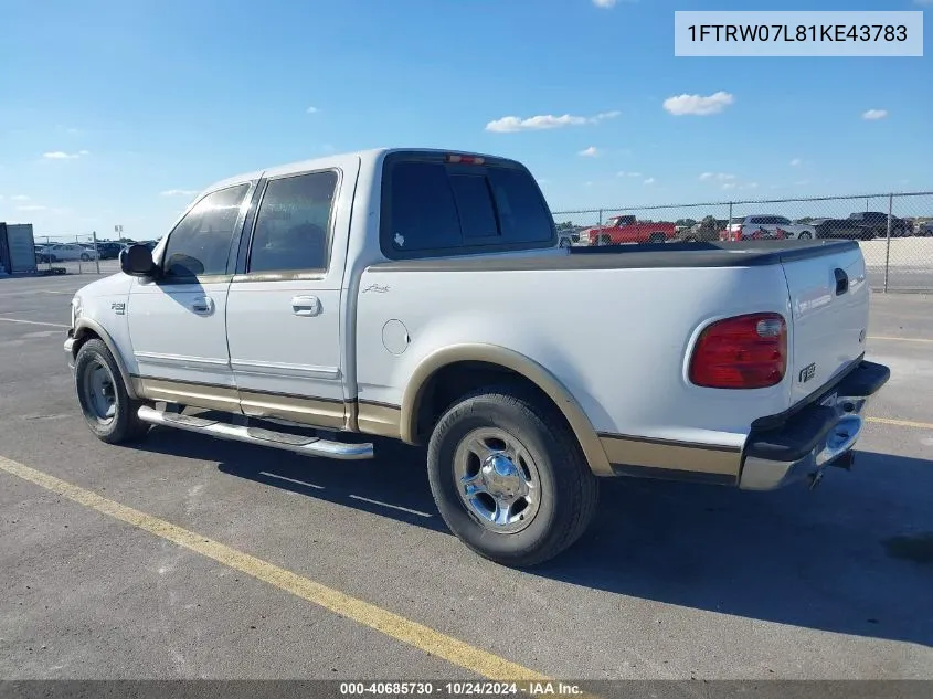 2001 Ford F-150 Harley-Davidson Edition/King Ranch Edition/Lariat/Xlt VIN: 1FTRW07L81KE43783 Lot: 40685730