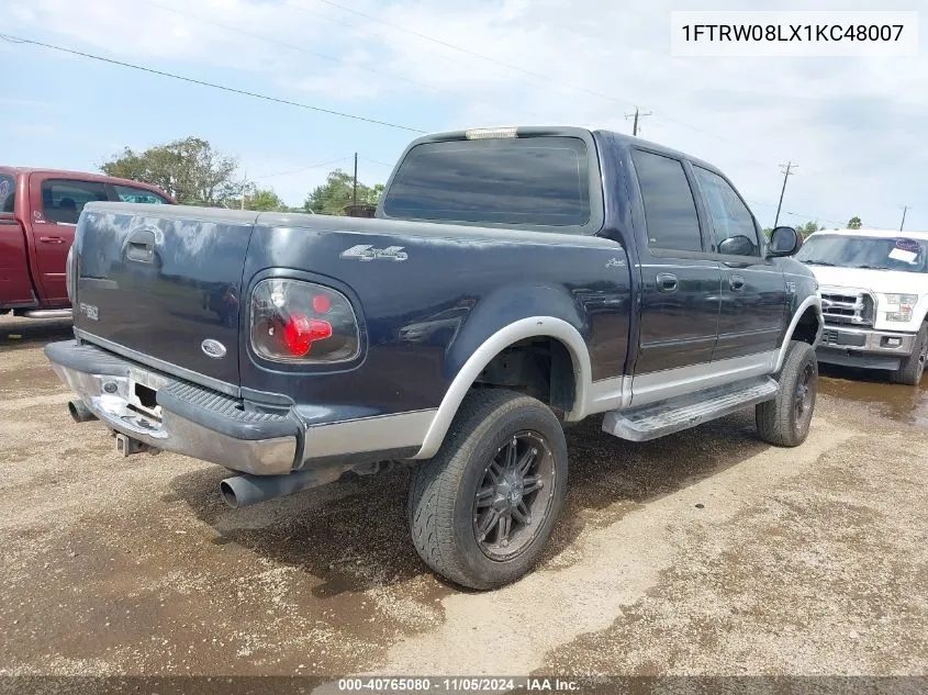 2001 Ford F-150 VIN: 1FTRW08LX1KC48007 Lot: 40765080