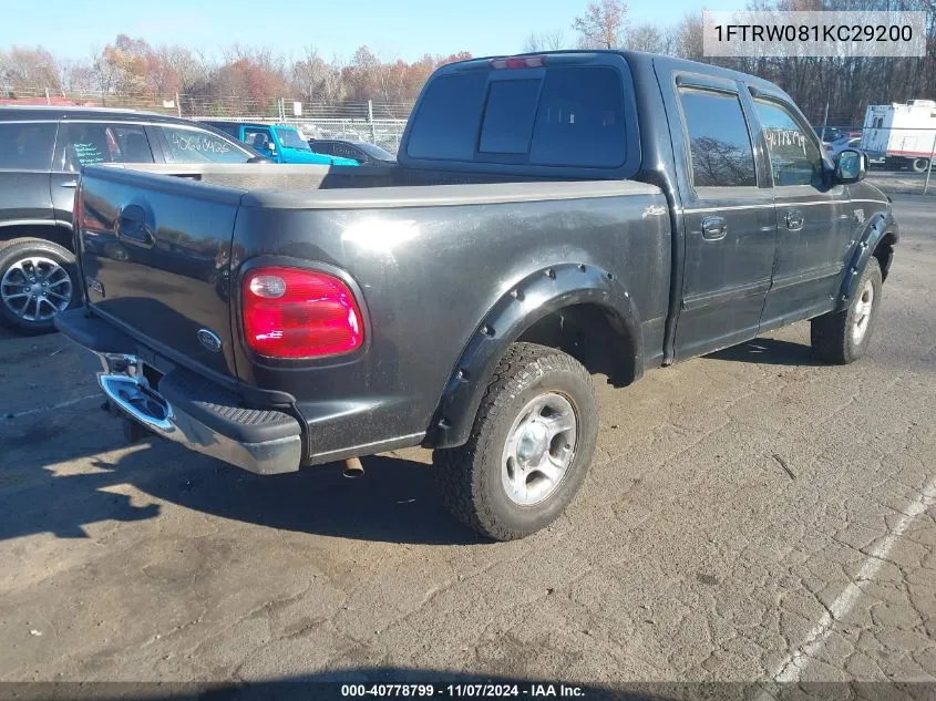 2001 Ford F-150 VIN: 1FTRW081KC29200 Lot: 40778799