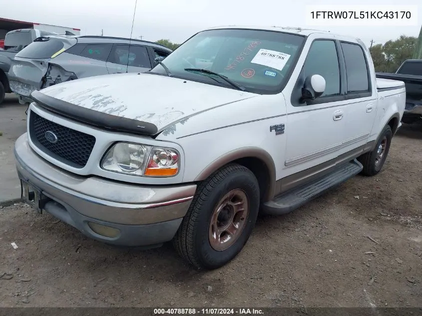 2001 Ford F-150 Harley-Davidson Edition/King Ranch Edition/Lariat/Xlt VIN: 1FTRW07L51KC43170 Lot: 40788788