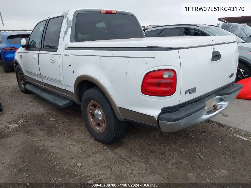 2001 Ford F-150 Harley-Davidson Edition/King Ranch Edition/Lariat/Xlt VIN: 1FTRW07L51KC43170 Lot: 40788788