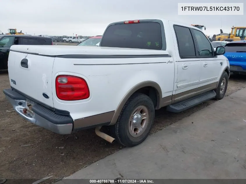 2001 Ford F-150 Harley-Davidson Edition/King Ranch Edition/Lariat/Xlt VIN: 1FTRW07L51KC43170 Lot: 40788788