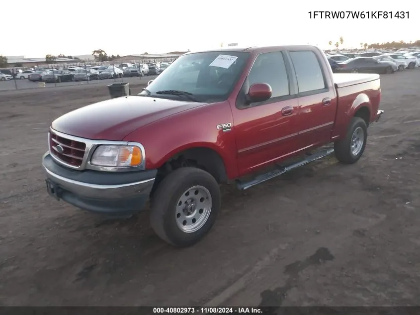 2001 Ford F-150 Harley-Davidson Edition/King Ranch Edition/Lariat/Xlt VIN: 1FTRW07W61KF81431 Lot: 40802973