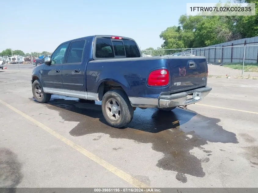 2002 Ford F-150 Lariat/Xlt VIN: 1FTRW07L02KC02835 Lot: 39851195