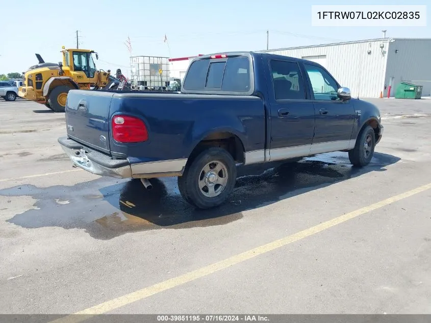 2002 Ford F-150 Lariat/Xlt VIN: 1FTRW07L02KC02835 Lot: 39851195