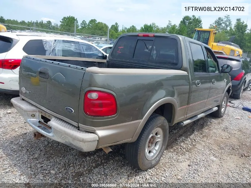 2002 Ford F-150 Lariat/Xlt VIN: 1FTRW08LX2KC14702 Lot: 39856560