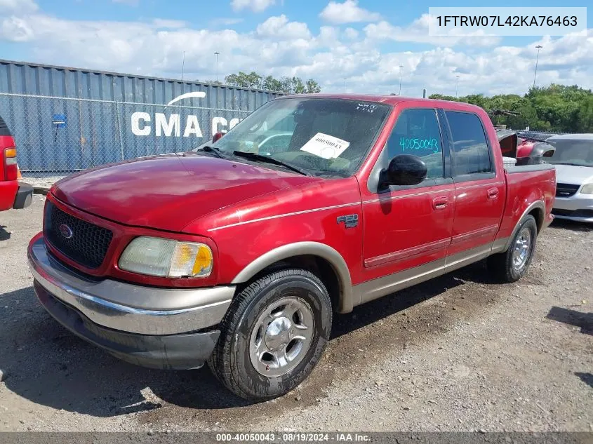 2002 Ford F-150 Lariat/Xlt VIN: 1FTRW07L42KA76463 Lot: 40050043