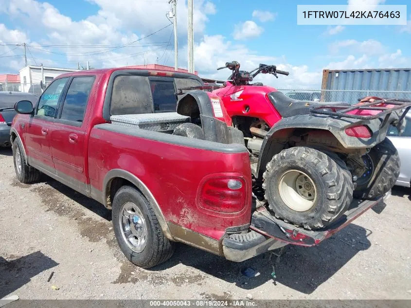 2002 Ford F-150 Lariat/Xlt VIN: 1FTRW07L42KA76463 Lot: 40050043