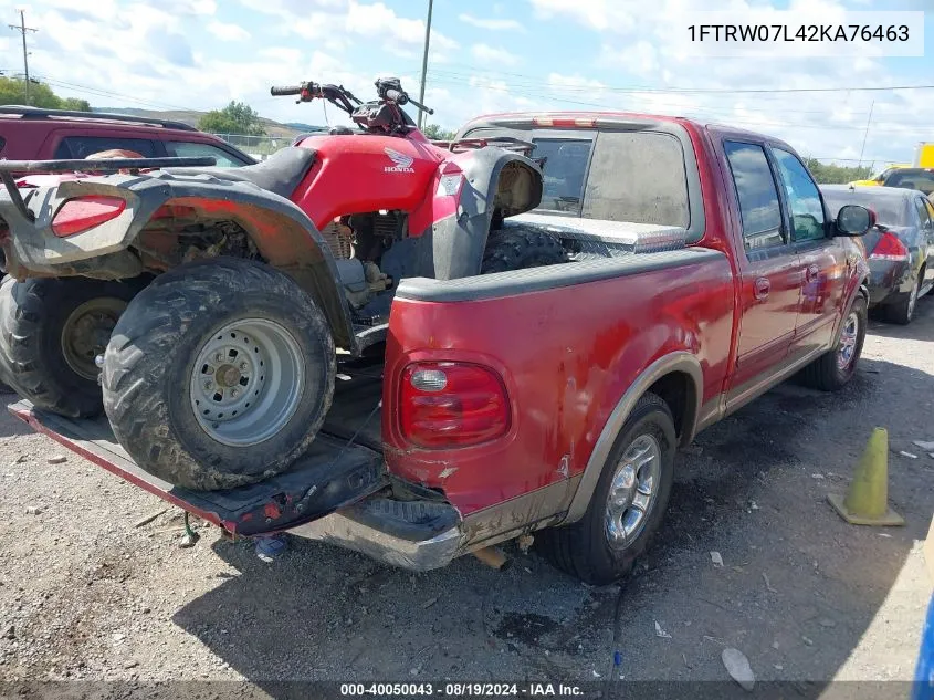 2002 Ford F-150 Lariat/Xlt VIN: 1FTRW07L42KA76463 Lot: 40050043