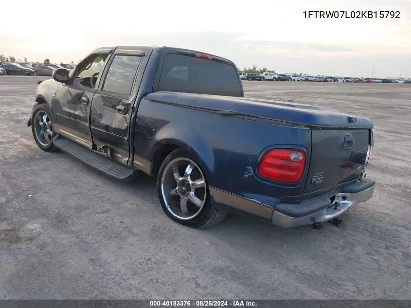 2002 Ford F-150 Lariat/Xlt VIN: 1FTRW07L02KB15792 Lot: 40183376