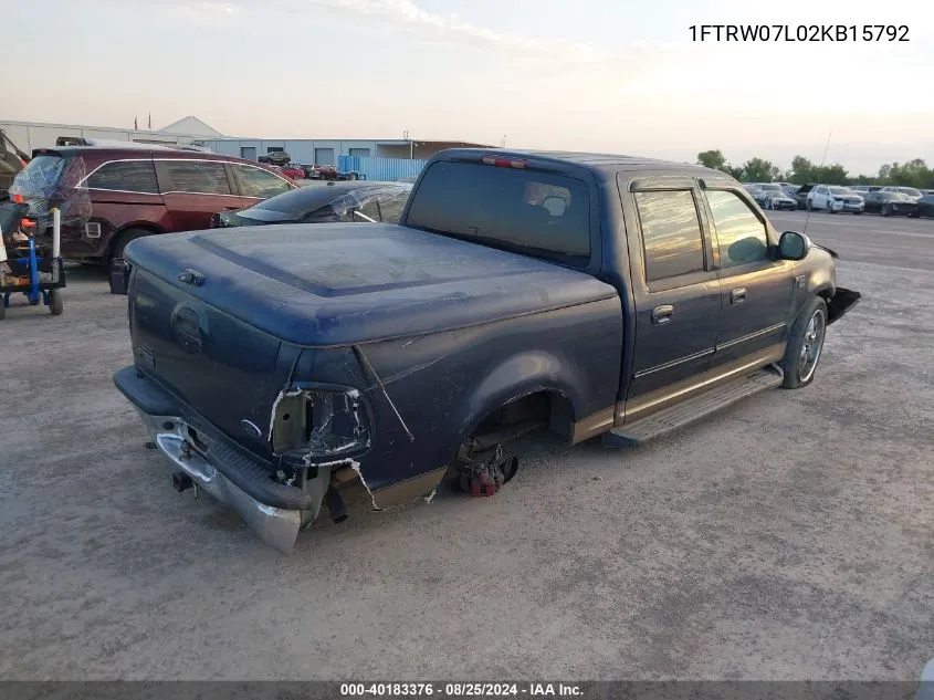 2002 Ford F-150 Lariat/Xlt VIN: 1FTRW07L02KB15792 Lot: 40183376