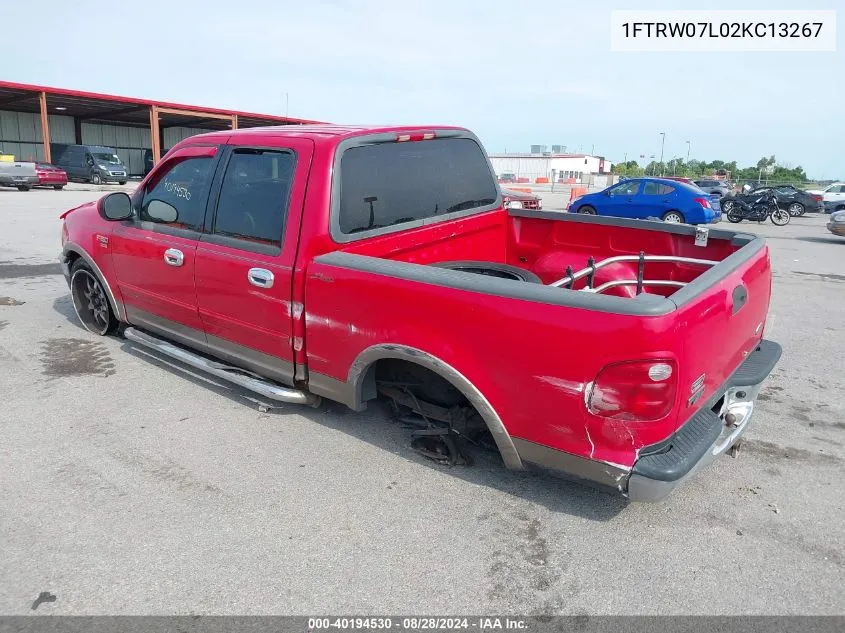 2002 Ford F-150 Lariat/Xlt VIN: 1FTRW07L02KC13267 Lot: 40194530