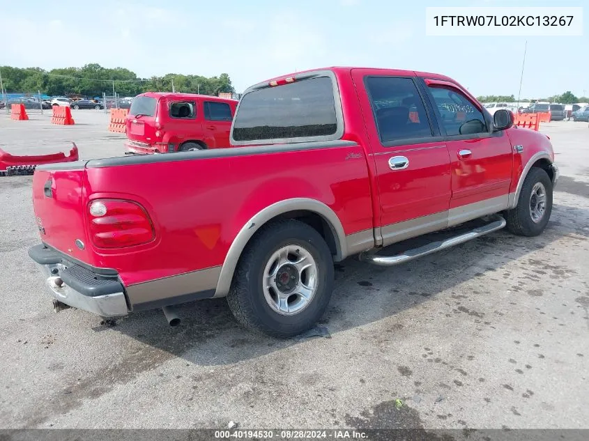 2002 Ford F-150 Lariat/Xlt VIN: 1FTRW07L02KC13267 Lot: 40194530