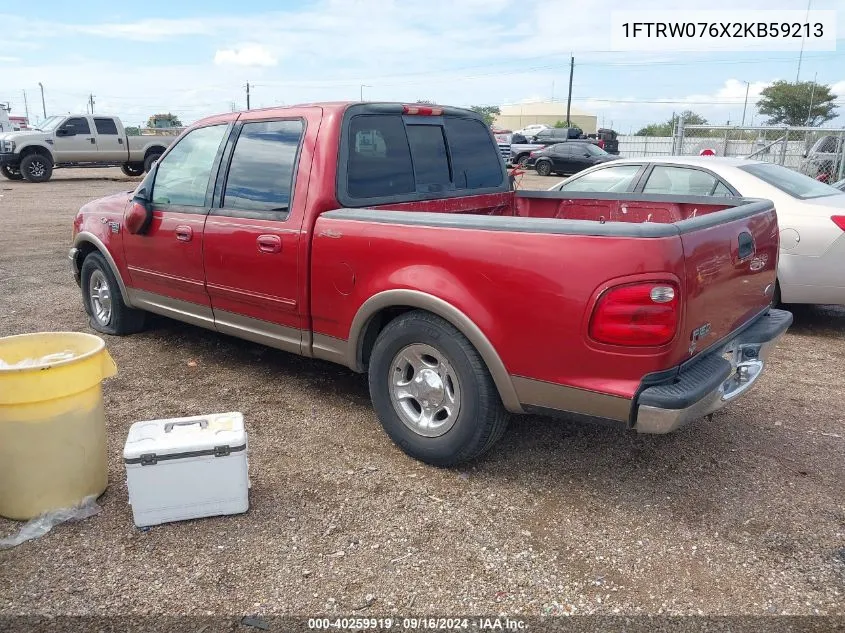 2002 Ford F-150 Lariat/Xlt VIN: 1FTRW076X2KB59213 Lot: 40259919