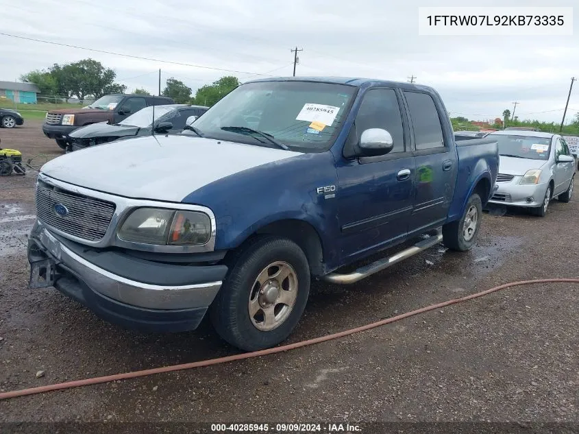 2002 Ford F-150 Lariat/Xlt VIN: 1FTRW07L92KB73335 Lot: 40285945