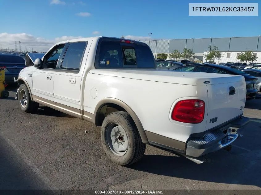 2002 Ford F150 Supercrew VIN: 1FTRW07L62KC33457 Lot: 40327813