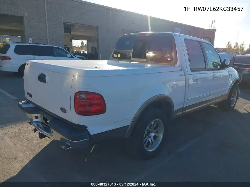 2002 Ford F150 Supercrew VIN: 1FTRW07L62KC33457 Lot: 40327813