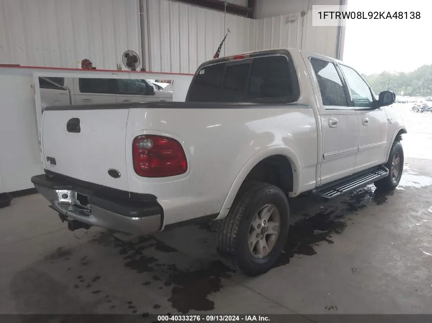 2002 Ford F150 Supercrew VIN: 1FTRW08L92KA48138 Lot: 40333276