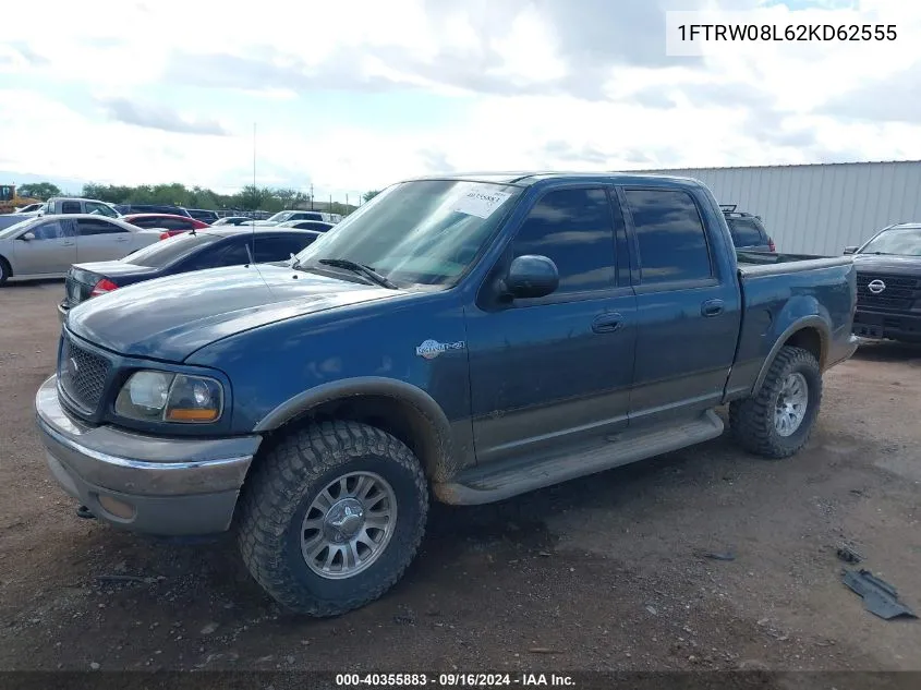 2002 Ford F-150 Lariat/Xlt VIN: 1FTRW08L62KD62555 Lot: 40355883