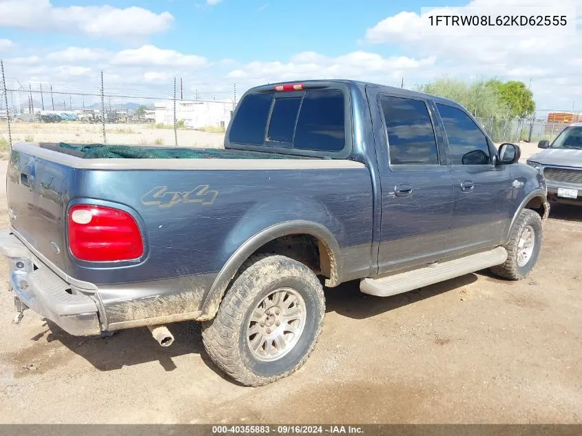 2002 Ford F-150 Lariat/Xlt VIN: 1FTRW08L62KD62555 Lot: 40355883