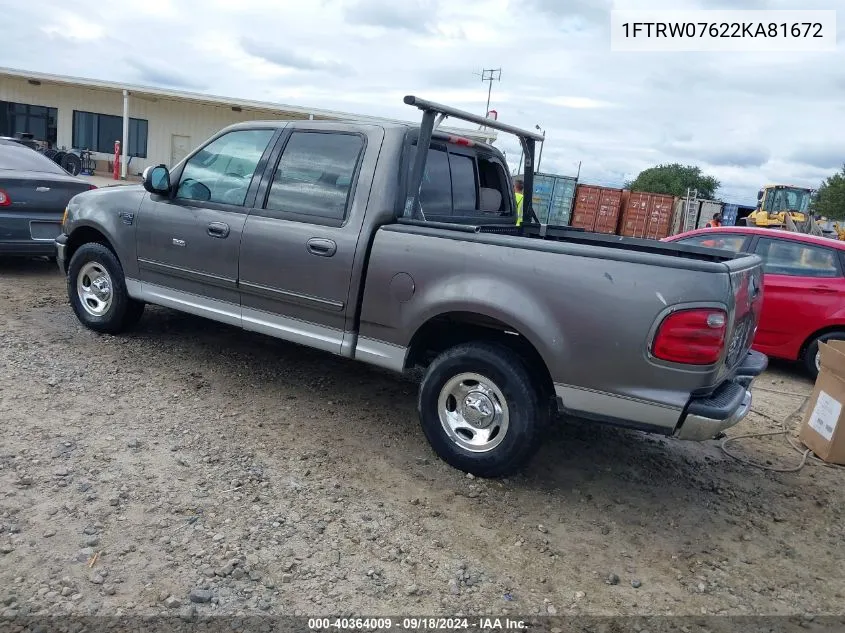 2002 Ford F-150 Lariat/Xlt VIN: 1FTRW07622KA81672 Lot: 40364009