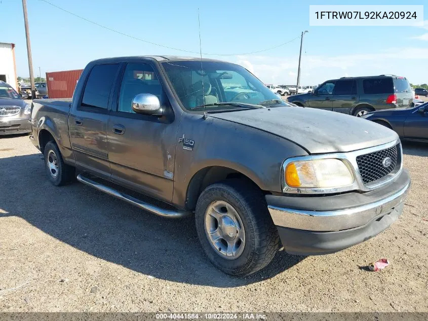 2002 Ford F-150 Lariat/Xlt VIN: 1FTRW07L92KA20924 Lot: 40441584