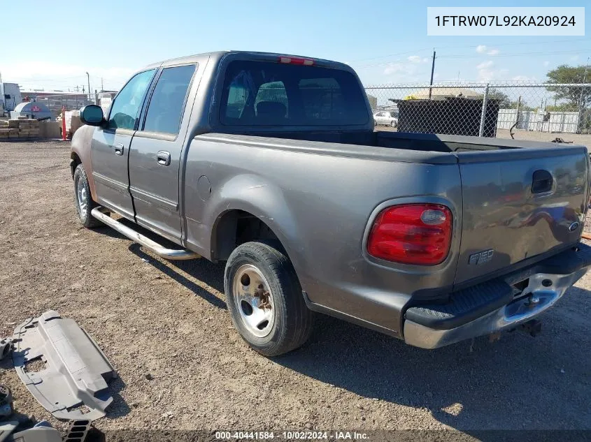 2002 Ford F-150 Lariat/Xlt VIN: 1FTRW07L92KA20924 Lot: 40441584