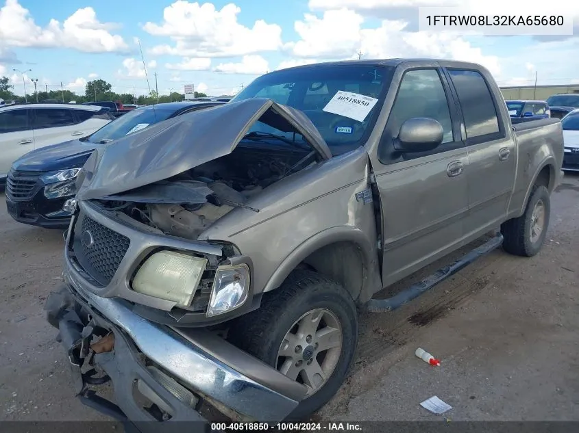 2002 Ford F-150 Lariat/Xlt VIN: 1FTRW08L32KA65680 Lot: 40518850