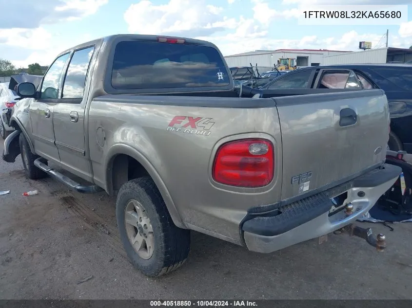 2002 Ford F-150 Lariat/Xlt VIN: 1FTRW08L32KA65680 Lot: 40518850