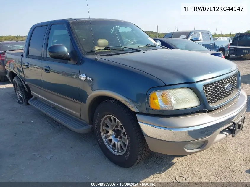 2002 Ford F150 Supercrew VIN: 1FTRW07L12KC44947 Lot: 40539807