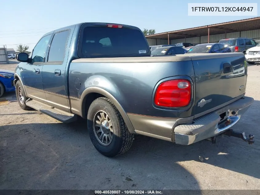 2002 Ford F150 Supercrew VIN: 1FTRW07L12KC44947 Lot: 40539807