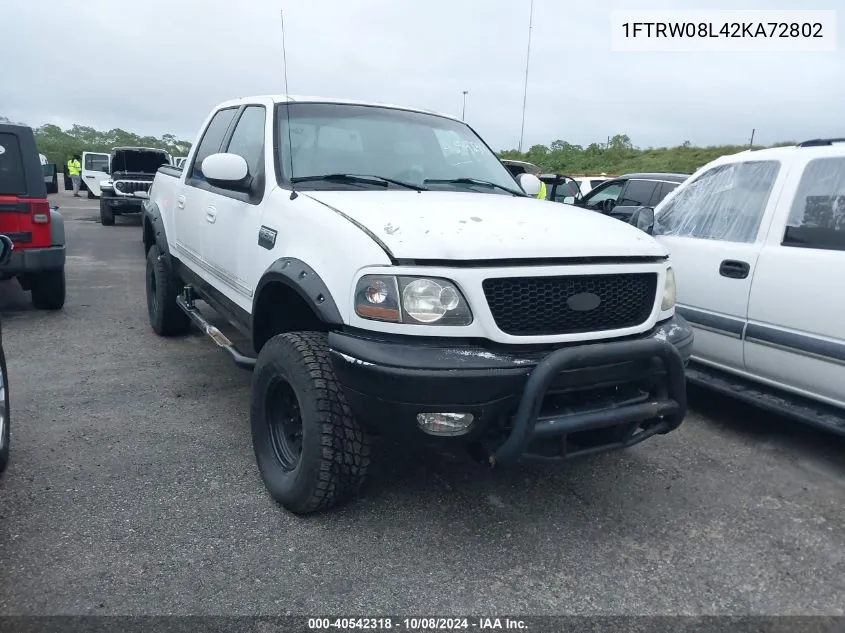 2002 Ford F150 Supercrew VIN: 1FTRW08L42KA72802 Lot: 40542318