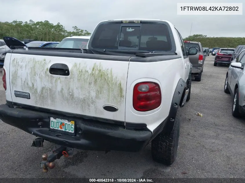 2002 Ford F150 Supercrew VIN: 1FTRW08L42KA72802 Lot: 40542318