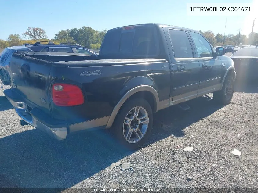 2002 Ford F-150 Lariat/Xlt VIN: 1FTRW08L02KC64671 Lot: 40608360