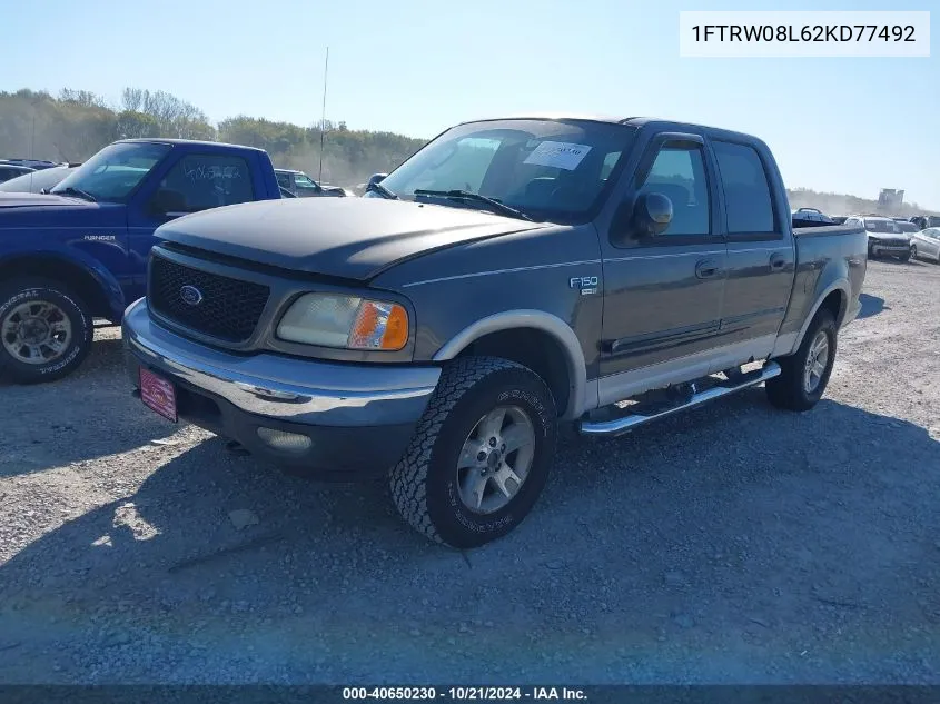 2002 Ford F-150 Lariat/Xlt VIN: 1FTRW08L62KD77492 Lot: 40650230