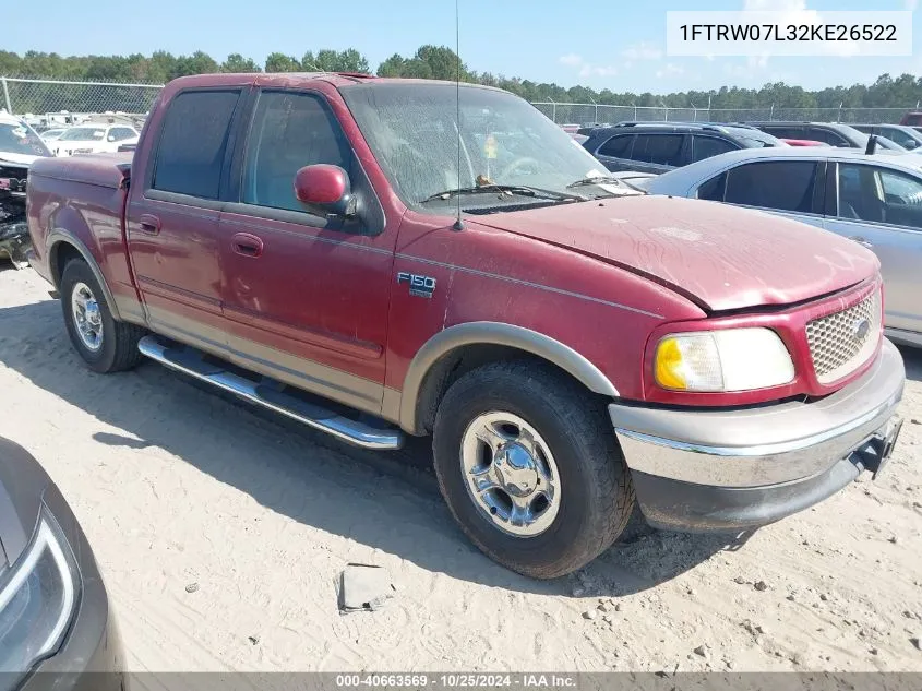 2002 Ford F-150 Lariat/Xlt VIN: 1FTRW07L32KE26522 Lot: 40663569