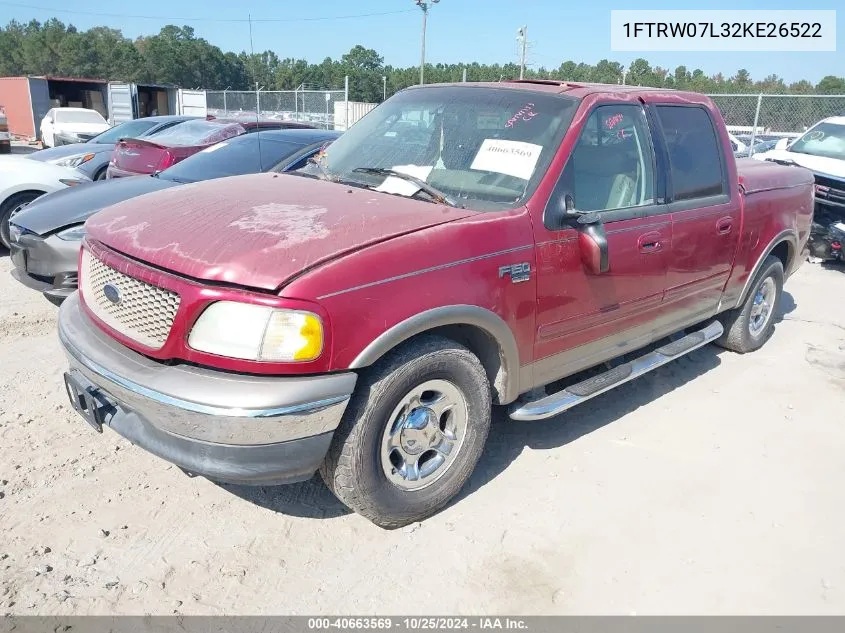 2002 Ford F-150 Lariat/Xlt VIN: 1FTRW07L32KE26522 Lot: 40663569