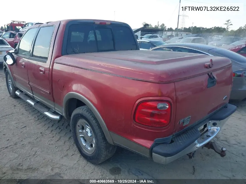 2002 Ford F-150 Lariat/Xlt VIN: 1FTRW07L32KE26522 Lot: 40663569