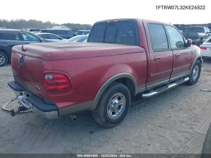 2002 Ford F-150 Lariat/Xlt VIN: 1FTRW07L32KE26522 Lot: 40663569