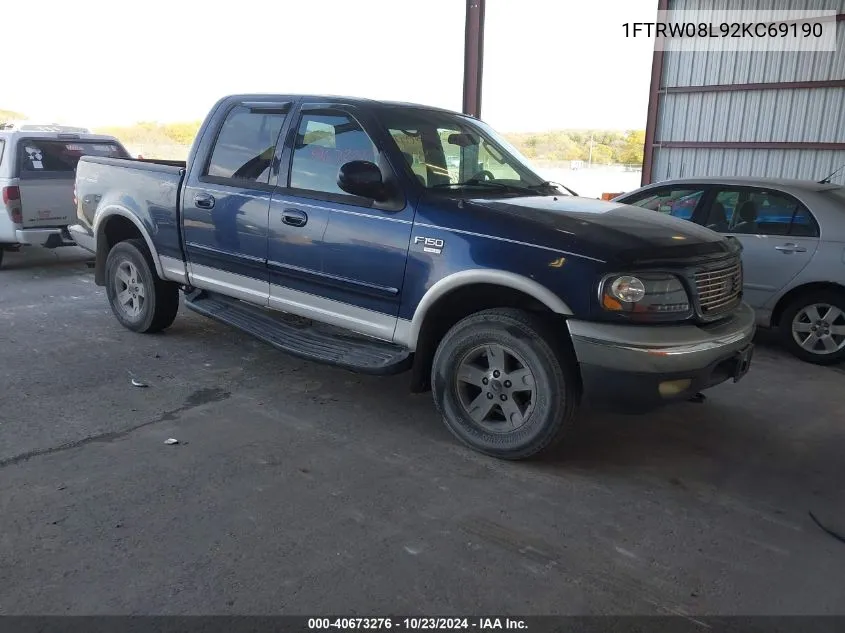 2002 Ford F-150 Lariat/Xlt VIN: 1FTRW08L92KC69190 Lot: 40673276