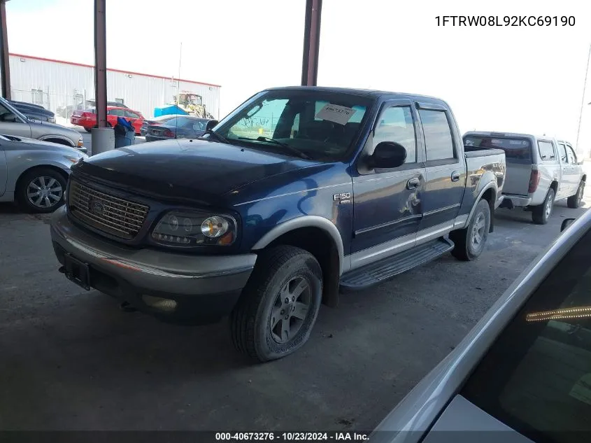 2002 Ford F-150 Lariat/Xlt VIN: 1FTRW08L92KC69190 Lot: 40673276