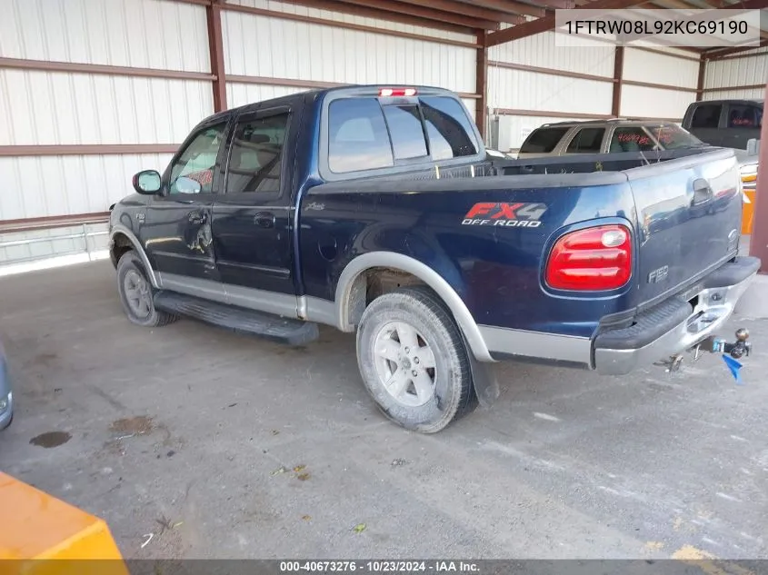 2002 Ford F-150 Lariat/Xlt VIN: 1FTRW08L92KC69190 Lot: 40673276