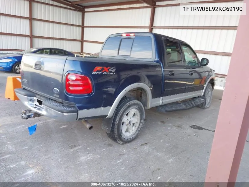 2002 Ford F-150 Lariat/Xlt VIN: 1FTRW08L92KC69190 Lot: 40673276