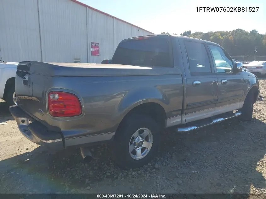 2002 Ford F-150 Lariat/Xlt VIN: 1FTRW07602KB81527 Lot: 40697201