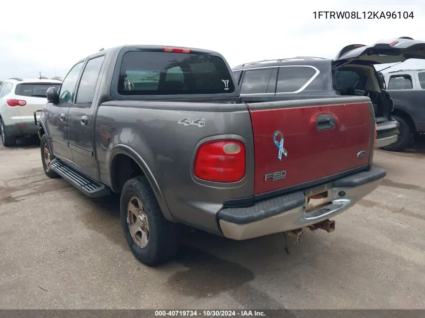 2002 Ford F-150 Lariat/Xlt VIN: 1FTRW08L12KA96104 Lot: 40719734