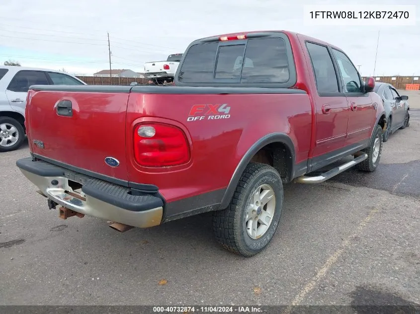 2002 Ford F-150 Lariat/Xlt VIN: 1FTRW08L12KB72470 Lot: 40732874