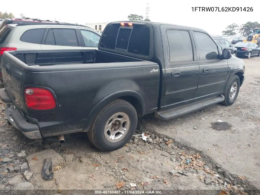 2002 Ford F-150 Lariat/Xlt VIN: 1FTRW07L62KD91426 Lot: 40750407