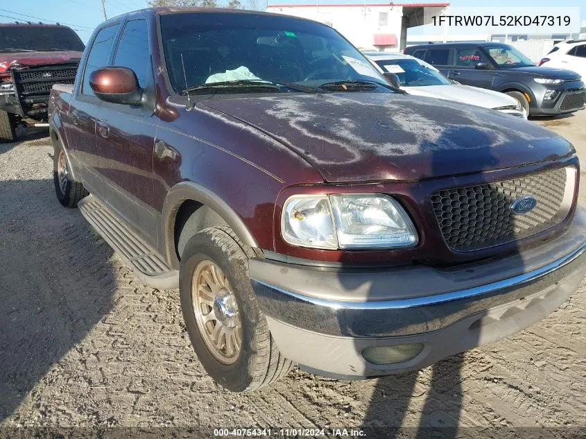 2002 Ford F-150 Lariat/Xlt VIN: 1FTRW07L52KD47319 Lot: 40754341