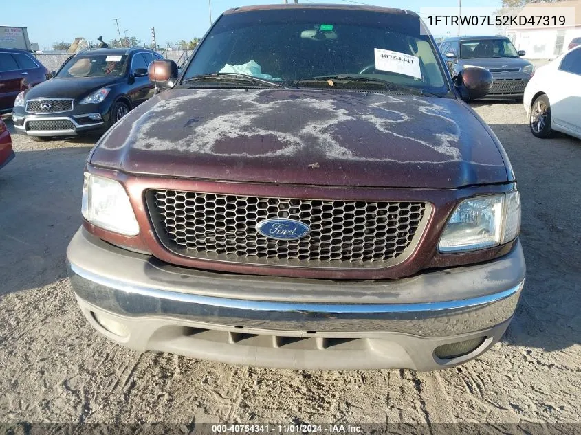 2002 Ford F-150 Lariat/Xlt VIN: 1FTRW07L52KD47319 Lot: 40754341